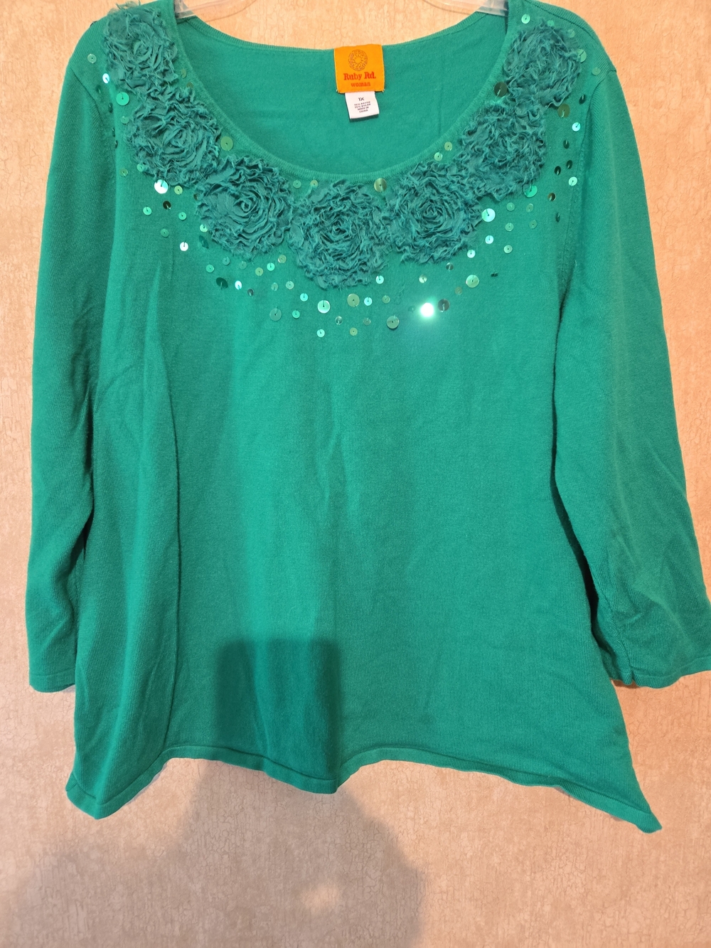 Ruby Rd. Teal Green Scoop Neck Long Sleeve Top with Rosette Trim